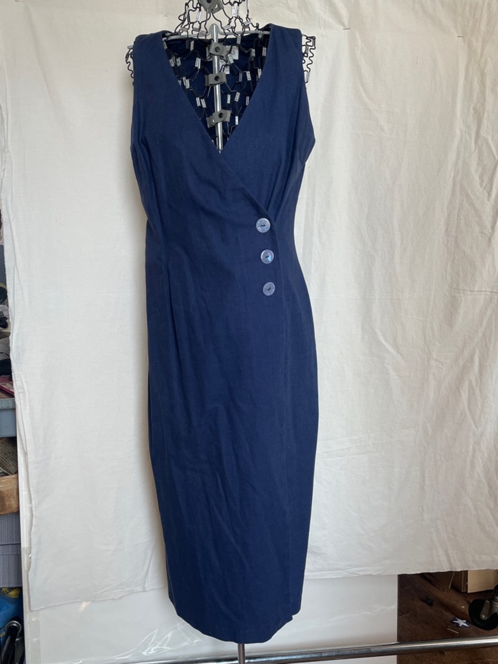 90s Sleeveless Navy Wrap Midi Dress with Side Buttons